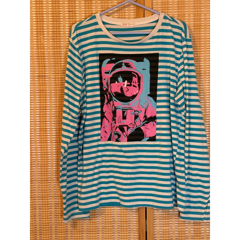 Romwe Womens Teal White Striped Astronaut Graphic Long Sleeve T-Shirt Size L